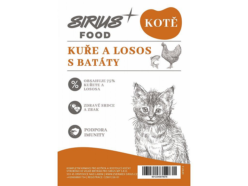 Sirius Food CAT Grain Free Kitten kuře, losos s batáty 7,5kg