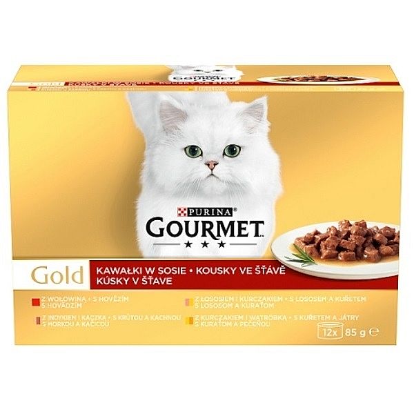 GOURMET GOLD Multipack 12x85g hov/krů+kach/los+kuř/kuř+játr šťáva