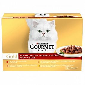 GOURMET GOLD Multipack 12x85g hov/krů+kach/los+kuř/kuř+játr šťáva